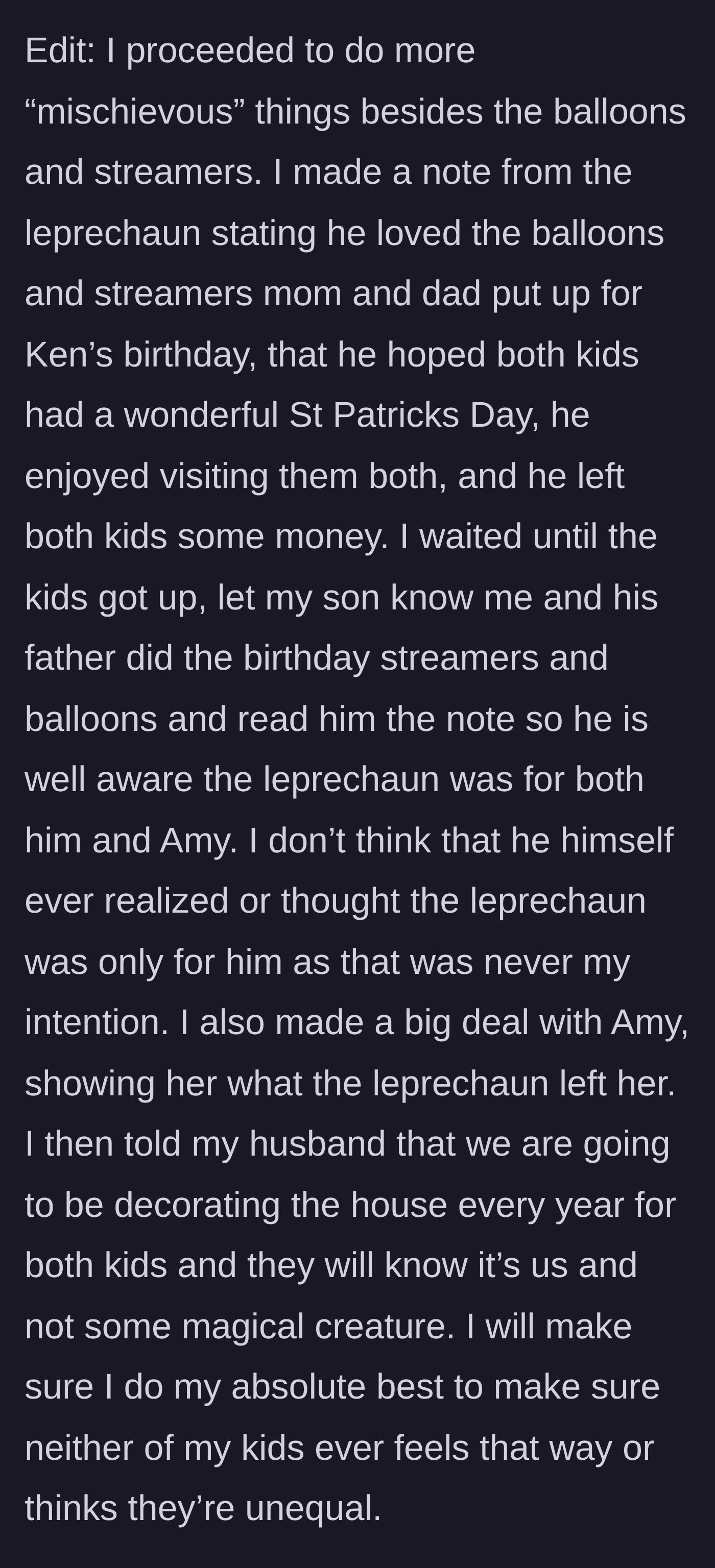 Story part 8 - The mother takes unilateral action, creating leprechaun notes for both children and establishing a permanent new rule for equal birthday treatment.
