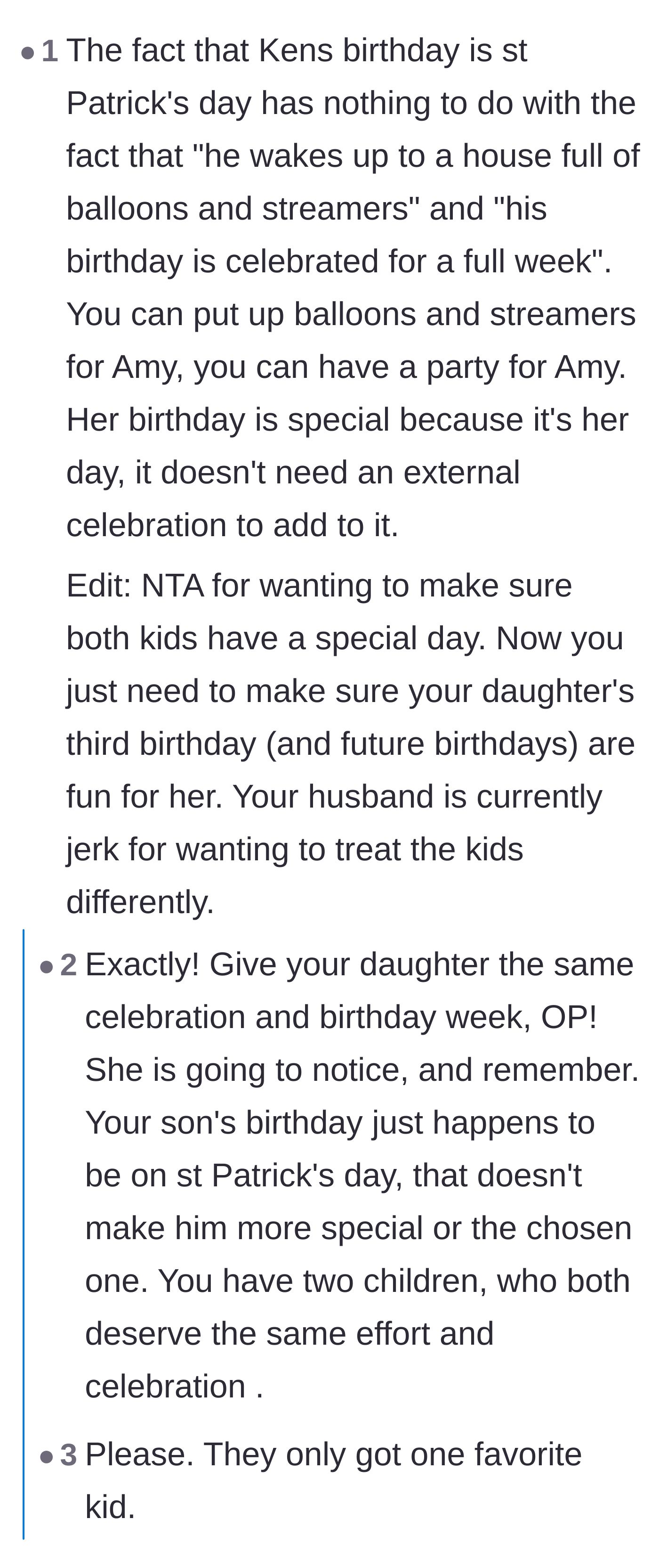 Comment thread 1 - Readers brainstorm inclusive traditions like a Birthday Fairy and mock the father's stubbornness.