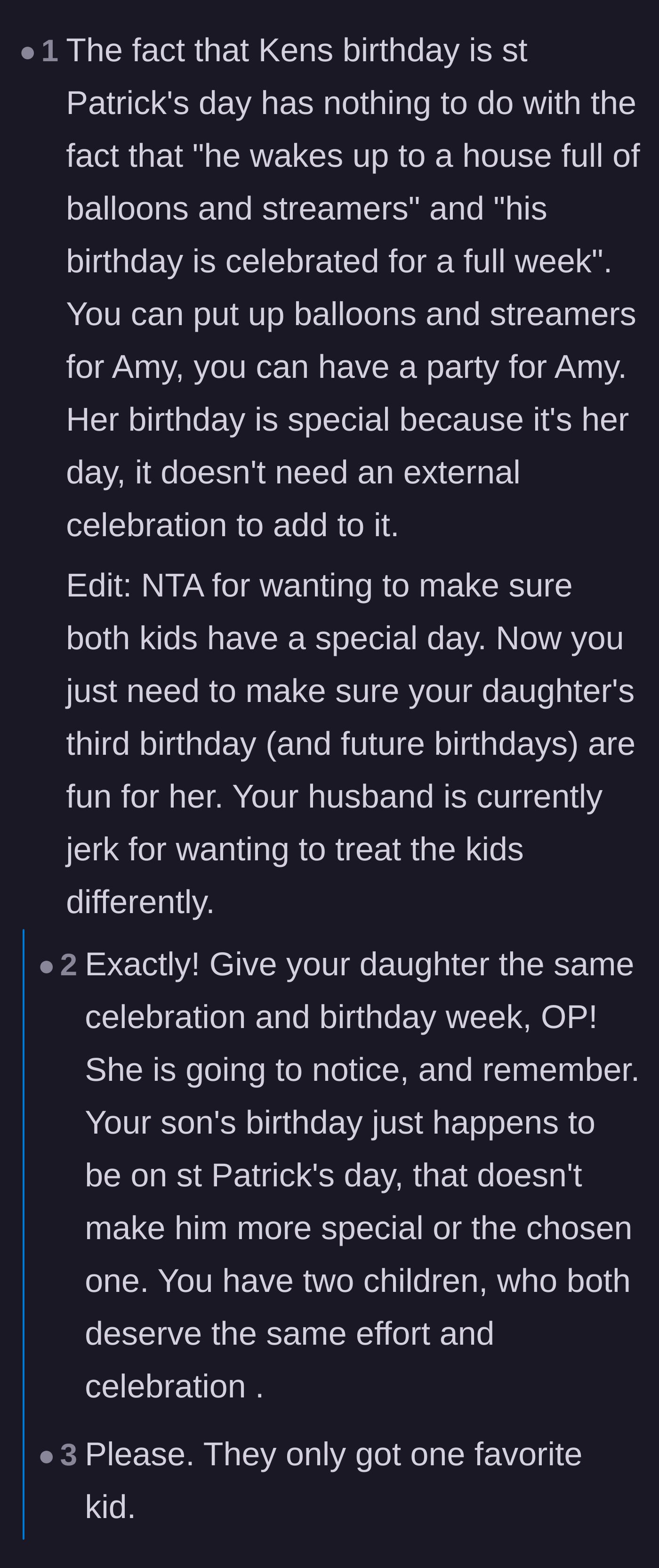 Comment thread 1 - Readers brainstorm inclusive traditions like a Birthday Fairy and mock the father's stubbornness.