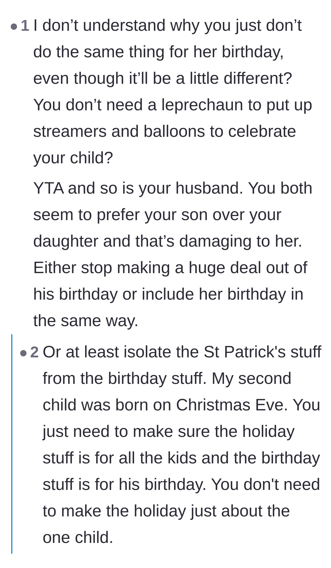 Comment thread 4 - Direct advice urging the parents to simply separate the holiday from the birthday and apply equal effort.