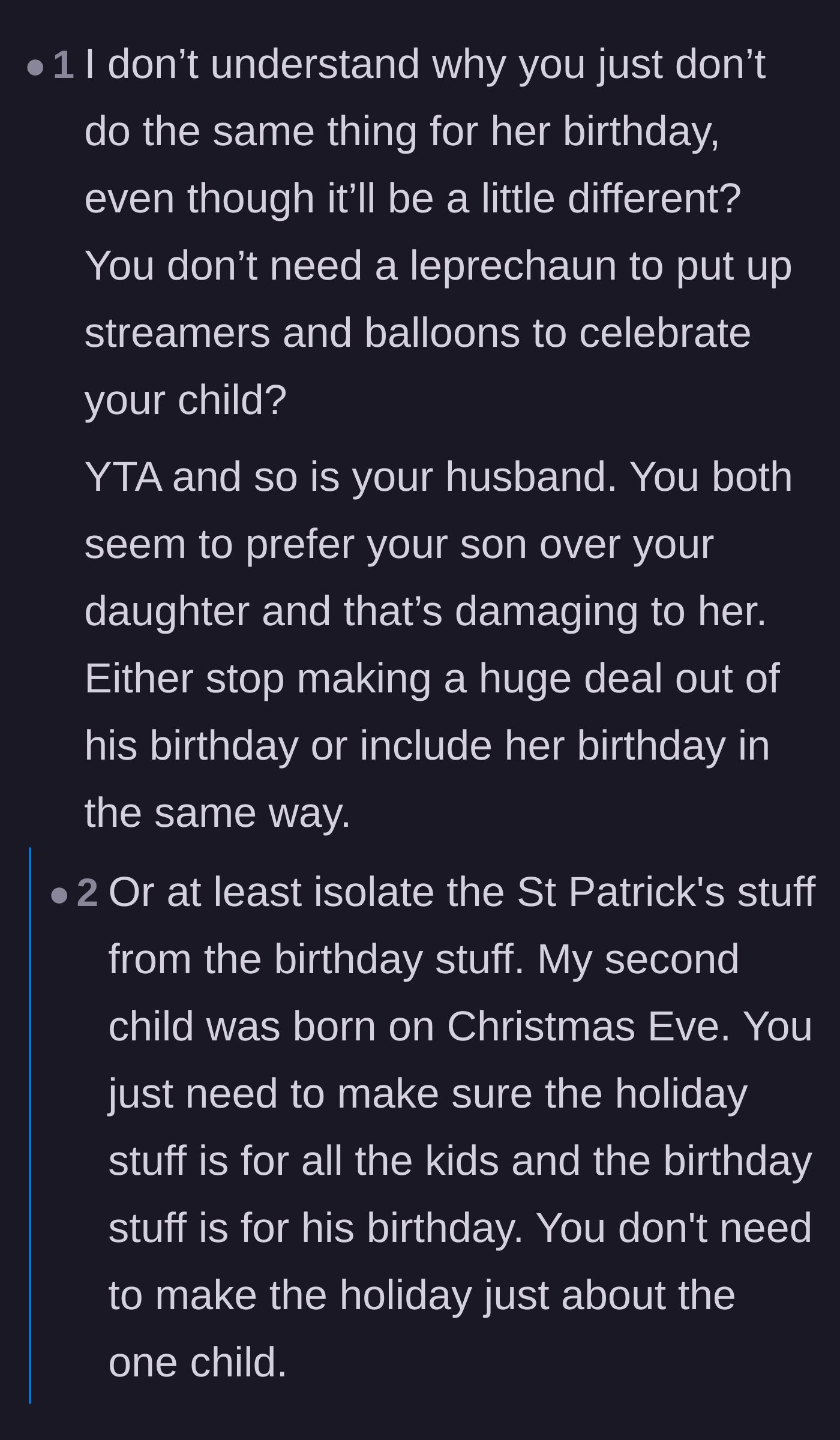 Comment thread 4 - Direct advice urging the parents to simply separate the holiday from the birthday and apply equal effort.
