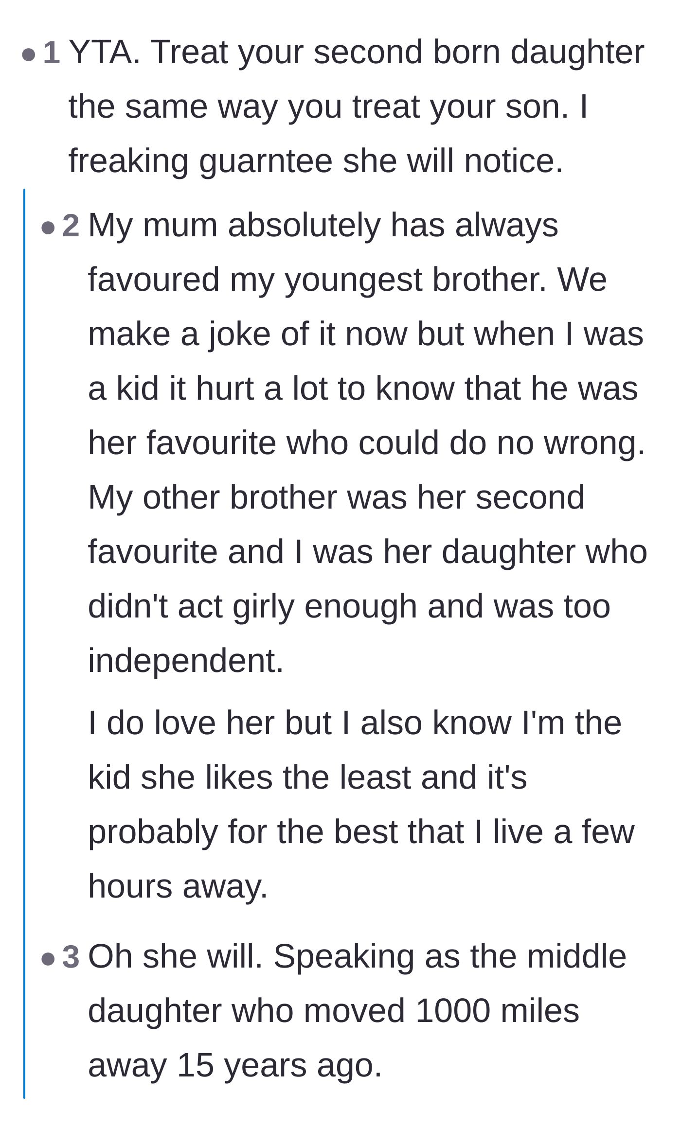 Comment thread 5 - Estranged adult children share how childhood favoritism permanently destroyed their relationships with their parents.