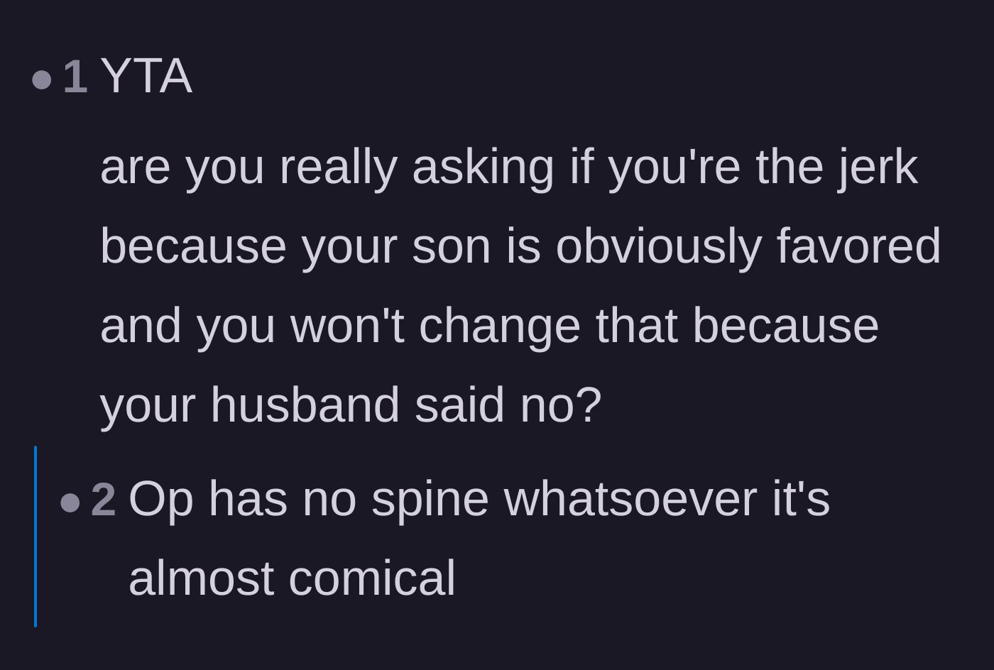 Comment thread 6 - Criticism directed at the mother's initial hesitance to overrule her husband's unfair mandate.