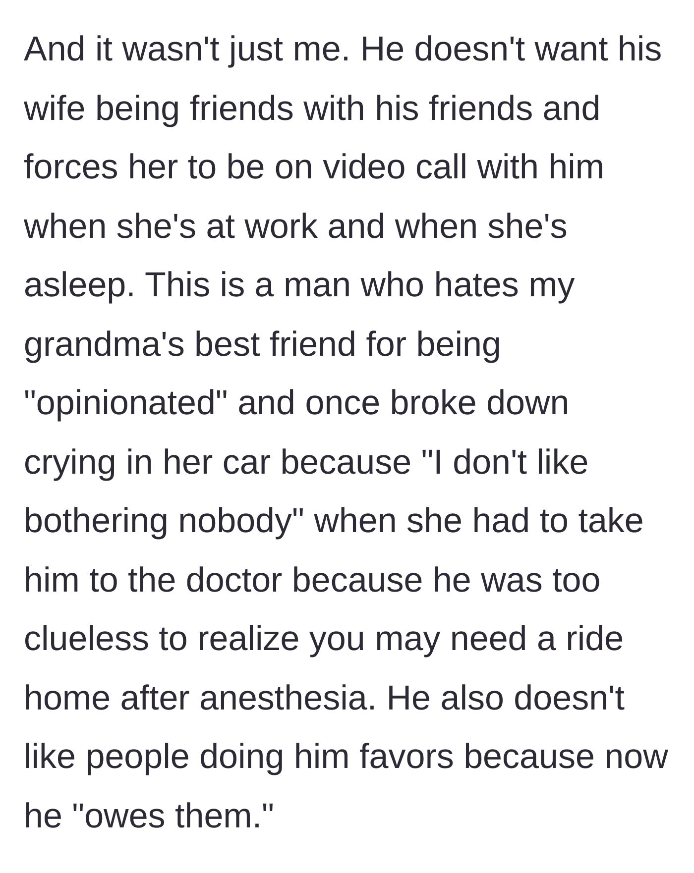 Story part 5 - A description of the father's deeply controlling behavior toward his wife and his intense insecurity around others.