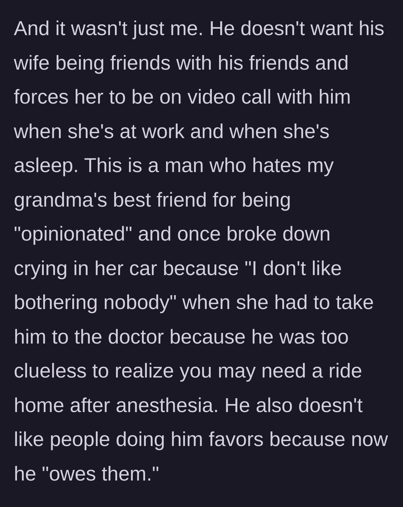 Story part 5 - A description of the father's deeply controlling behavior toward his wife and his intense insecurity around others.