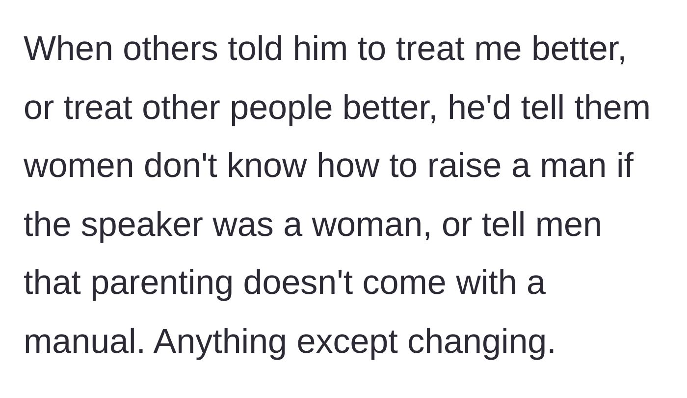 Story part 6 - The father deflecting criticism from others by using tired clichés to avoid taking responsibility.