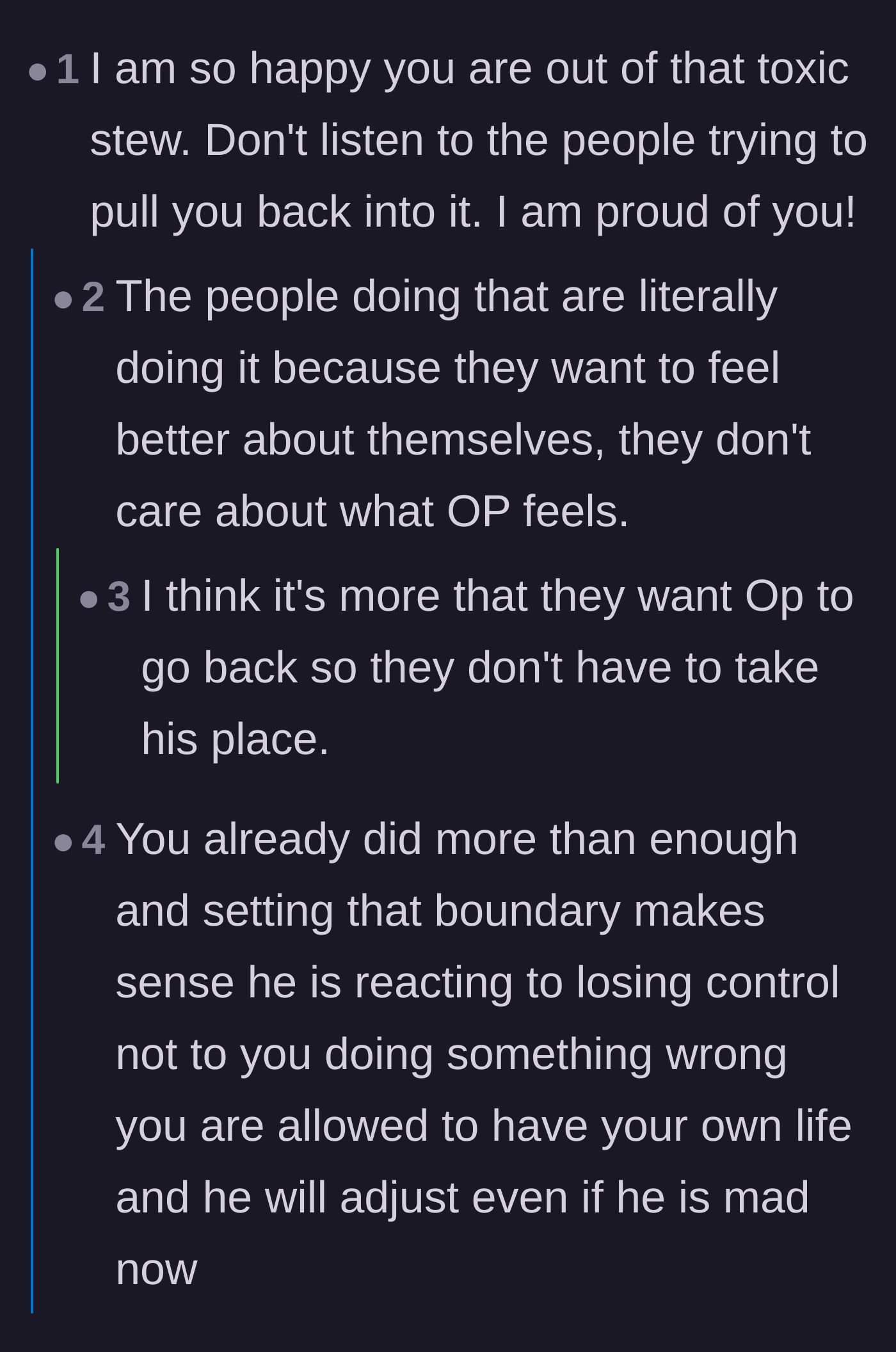 Comment thread 1 - Readers discussing how enabling family members often guilt survivors into returning just to avoid dealing with the abuser themselves.