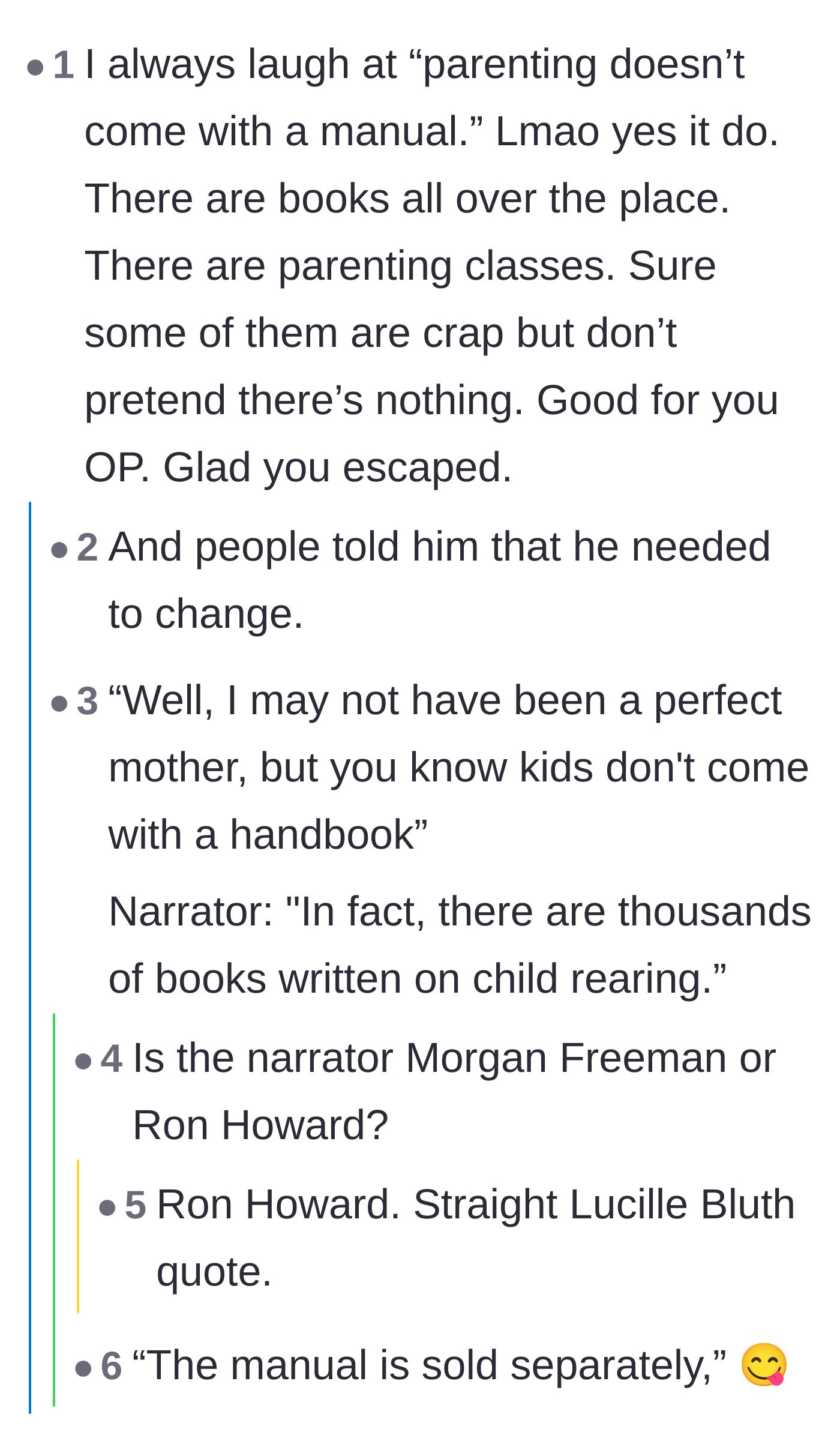 Comment thread 3 - Users dismantling the father's excuse that parenting doesn't come with a manual by pointing out the vast resources available.
