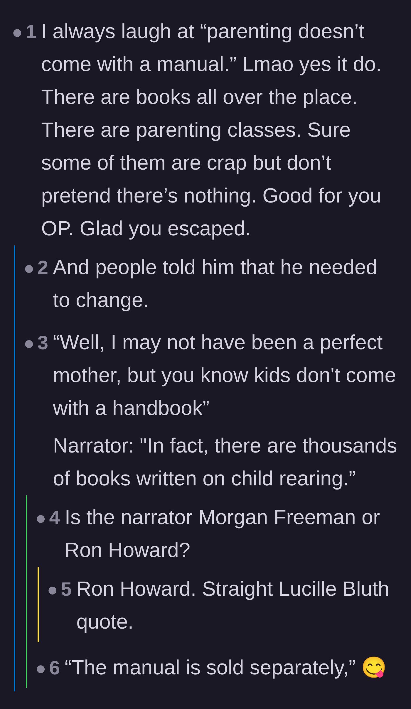Comment thread 3 - Users dismantling the father's excuse that parenting doesn't come with a manual by pointing out the vast resources available.