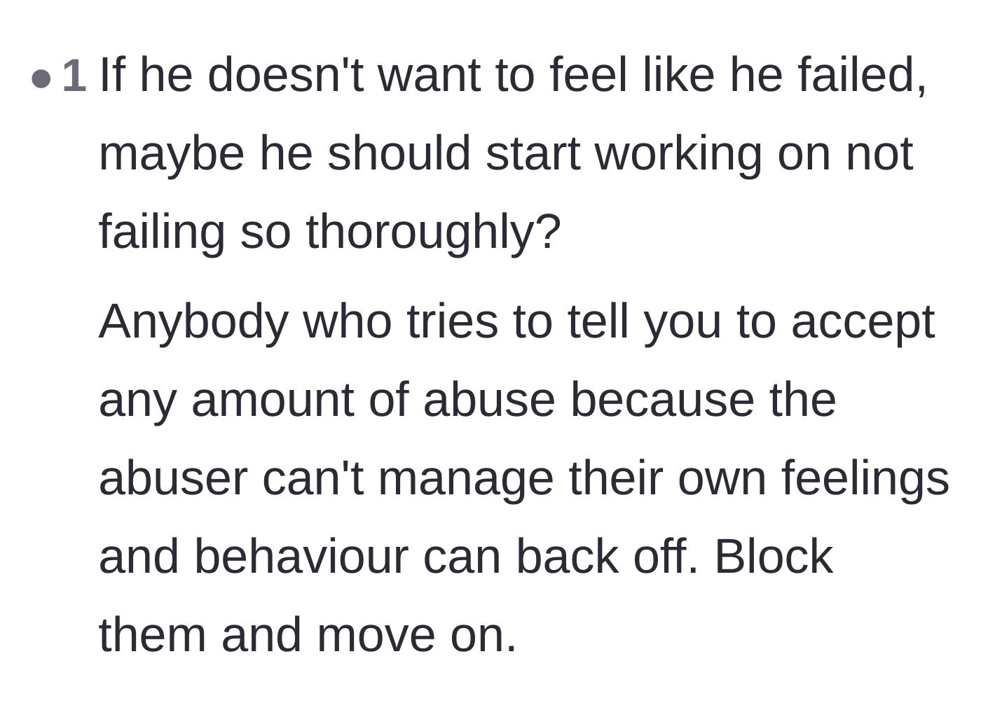 Comment thread 5 - Advice to reject any family members who demand a victim accept abuse to protect an abuser's ego.