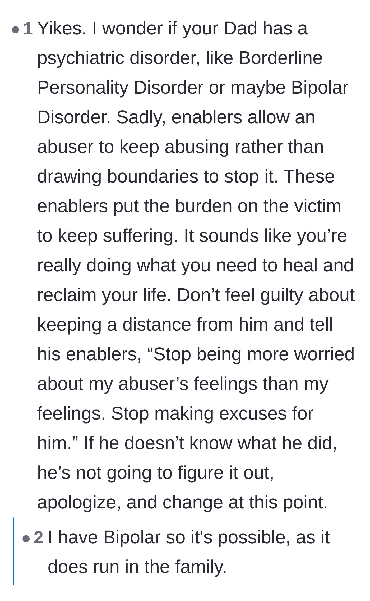Comment thread 6 - Discussion regarding potential undiagnosed psychiatric conditions and the devastating role of enablers in perpetuating the cycle.