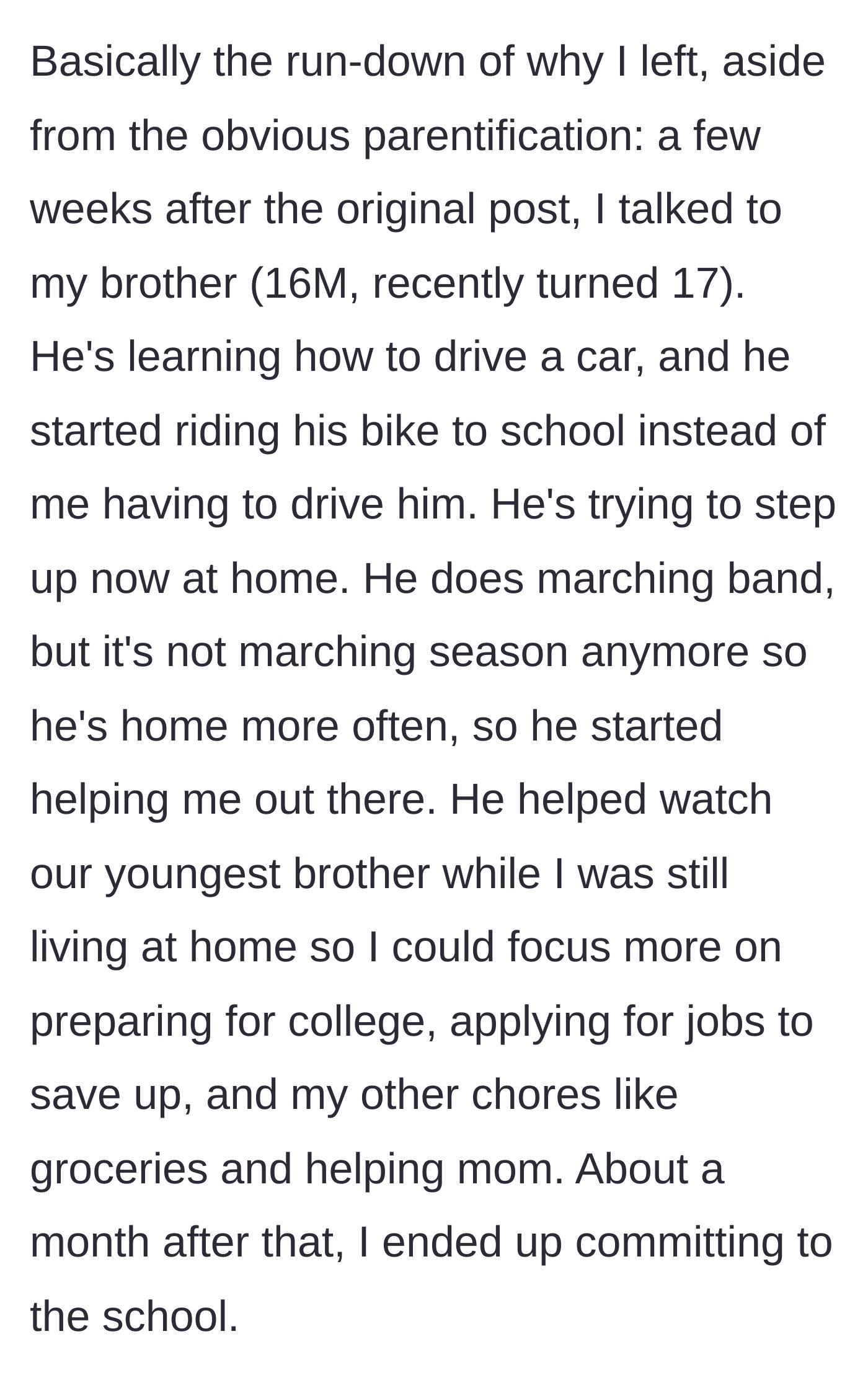 Story part 2 - Her 16-year-old brother learns to drive, steps up with chores, and helps watch their youngest sibling so she can prepare for college.