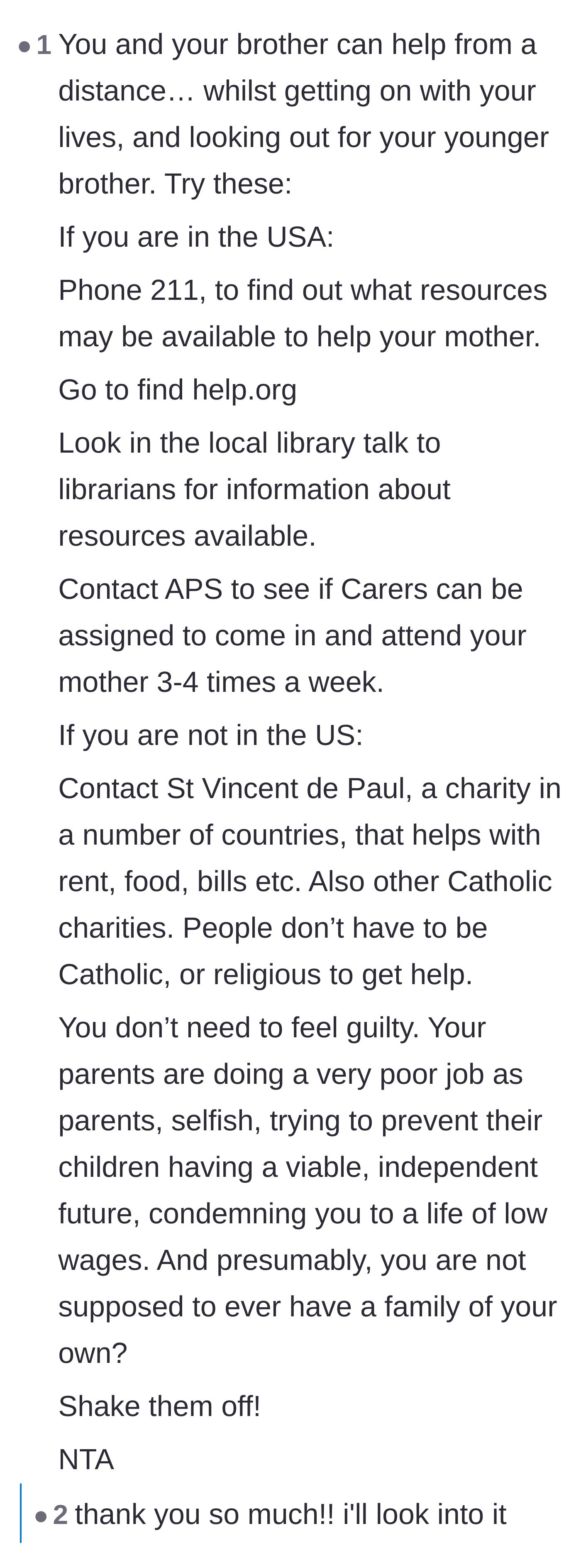 Comment thread 5 - Practical advice and resources for adult protective services and charities to help the mother from a distance.