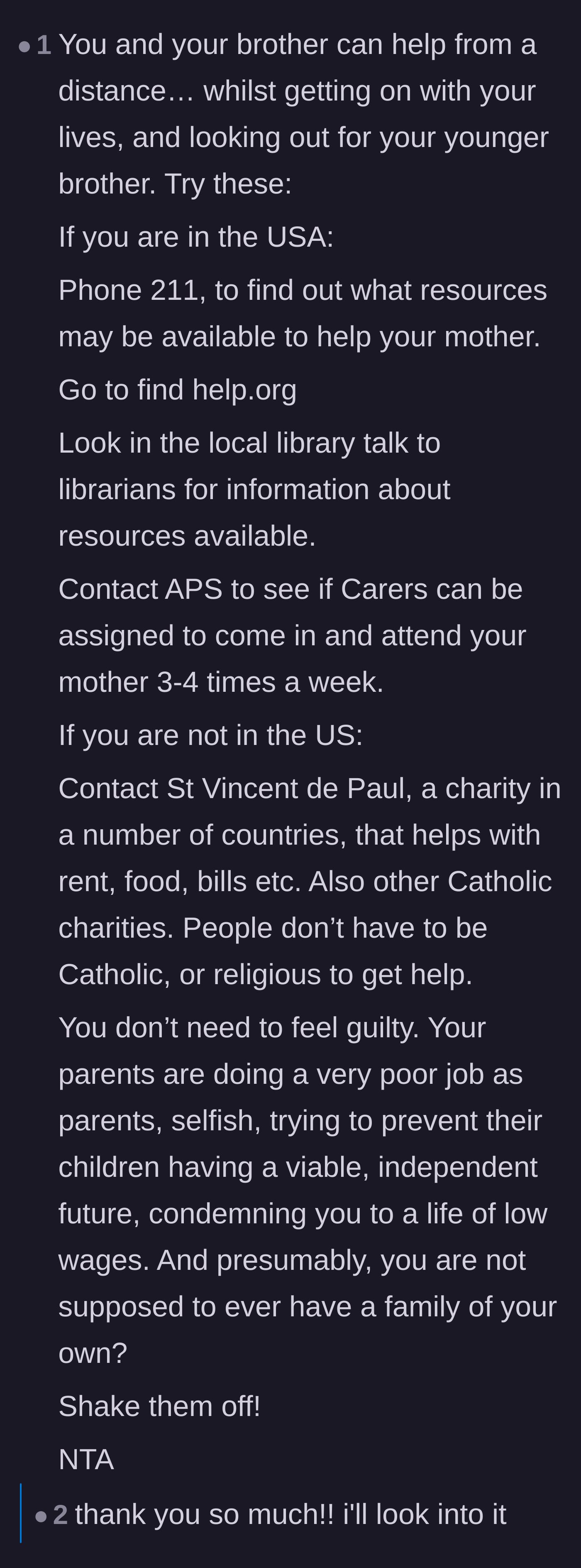 Comment thread 5 - Practical advice and resources for adult protective services and charities to help the mother from a distance.