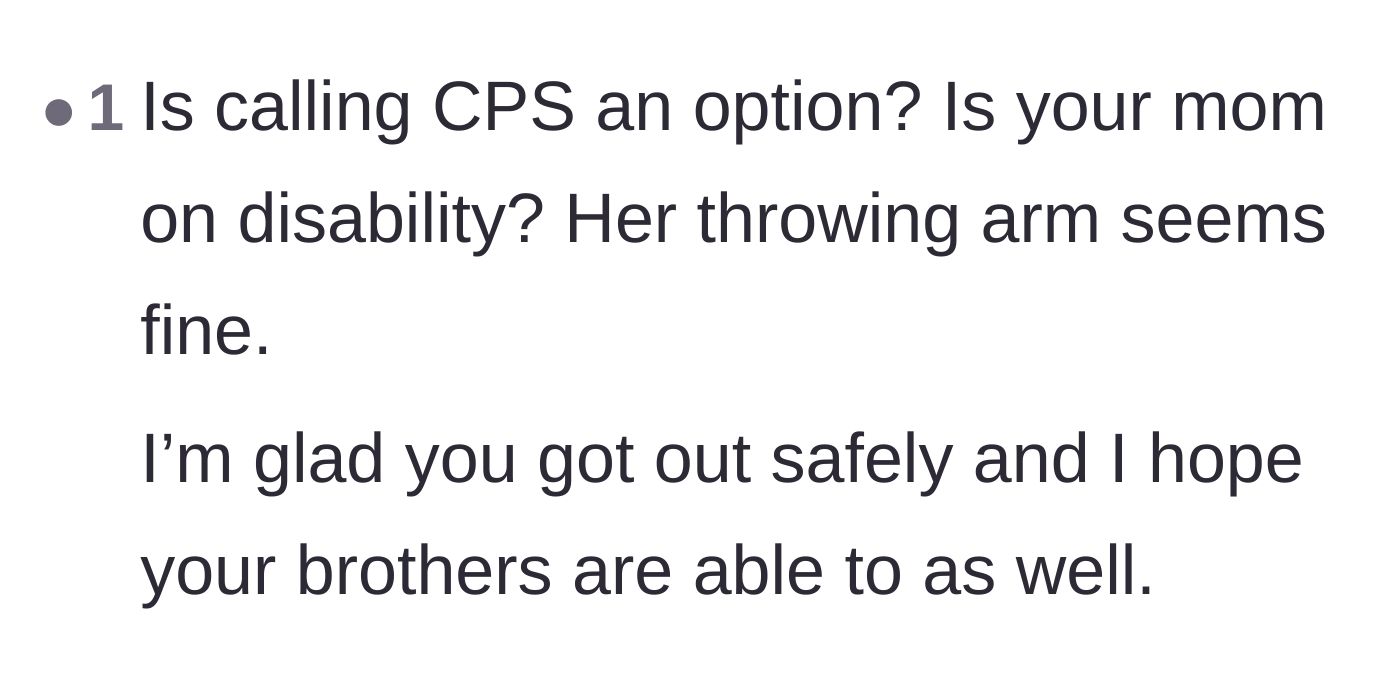 Comment thread 6 - A reader suggests calling CPS and sarcastically notes the mother's throwing arm is perfectly fine despite her illness.