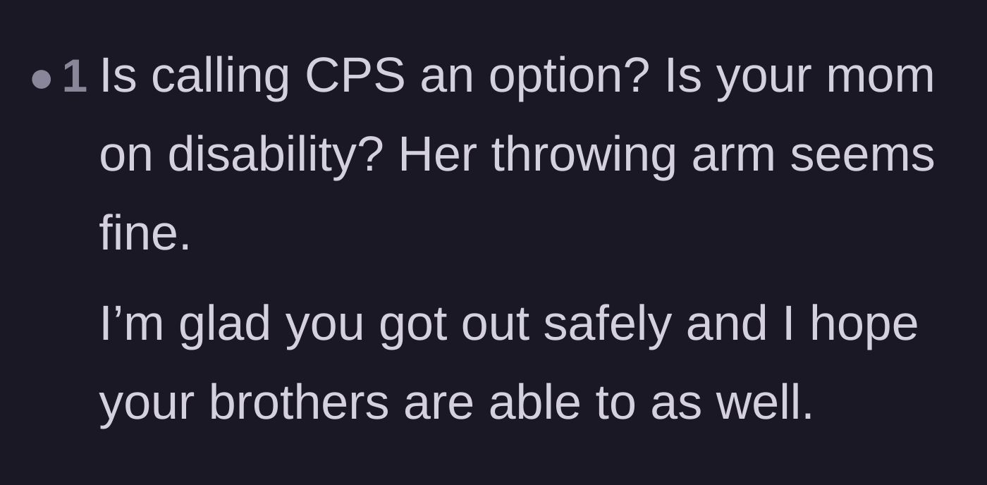 Comment thread 6 - A reader suggests calling CPS and sarcastically notes the mother's throwing arm is perfectly fine despite her illness.