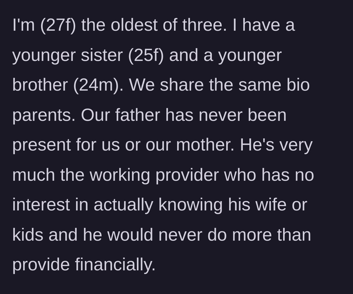 Story part 1 - Introduction to the family dynamics and an emotionally absent father.