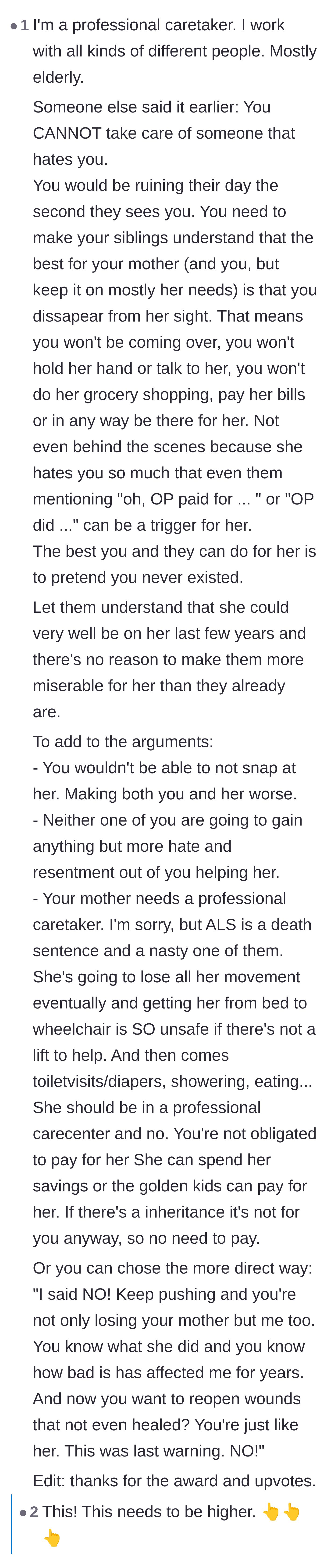 Comment thread 2 - A professional caretaker explaining why it is practically and emotionally unsafe to nurse an abuser.