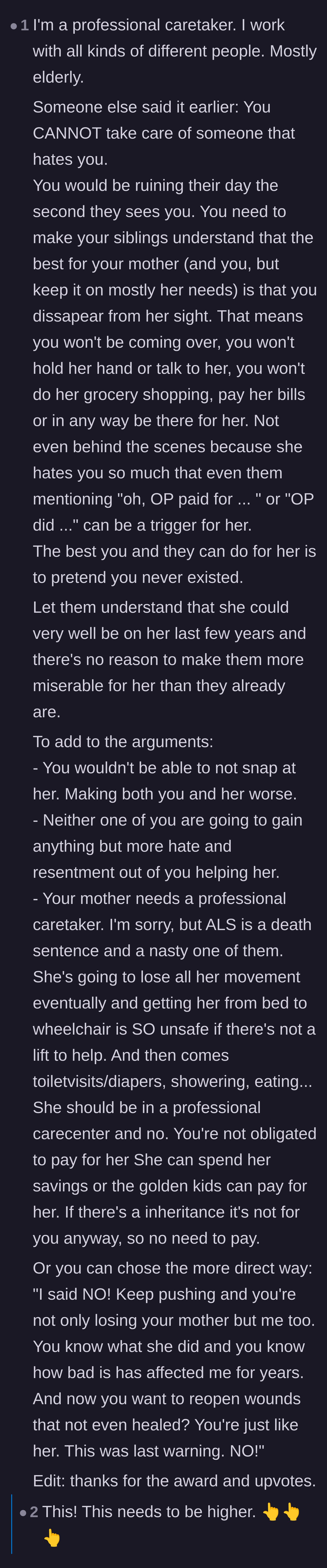 Comment thread 2 - A professional caretaker explaining why it is practically and emotionally unsafe to nurse an abuser.