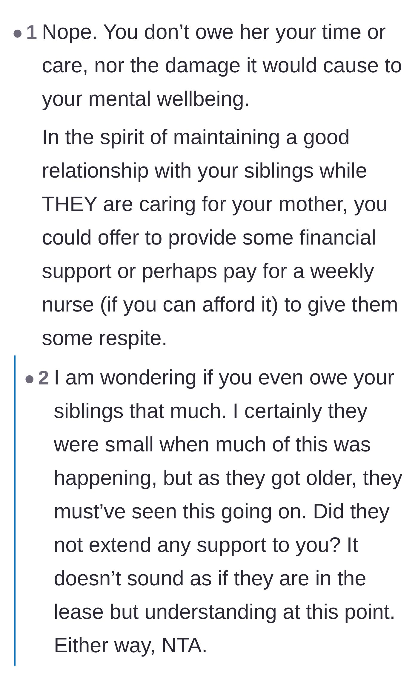 Comment thread 5 - A debate over whether the author should offer financial support to the siblings instead of physical caregiving.