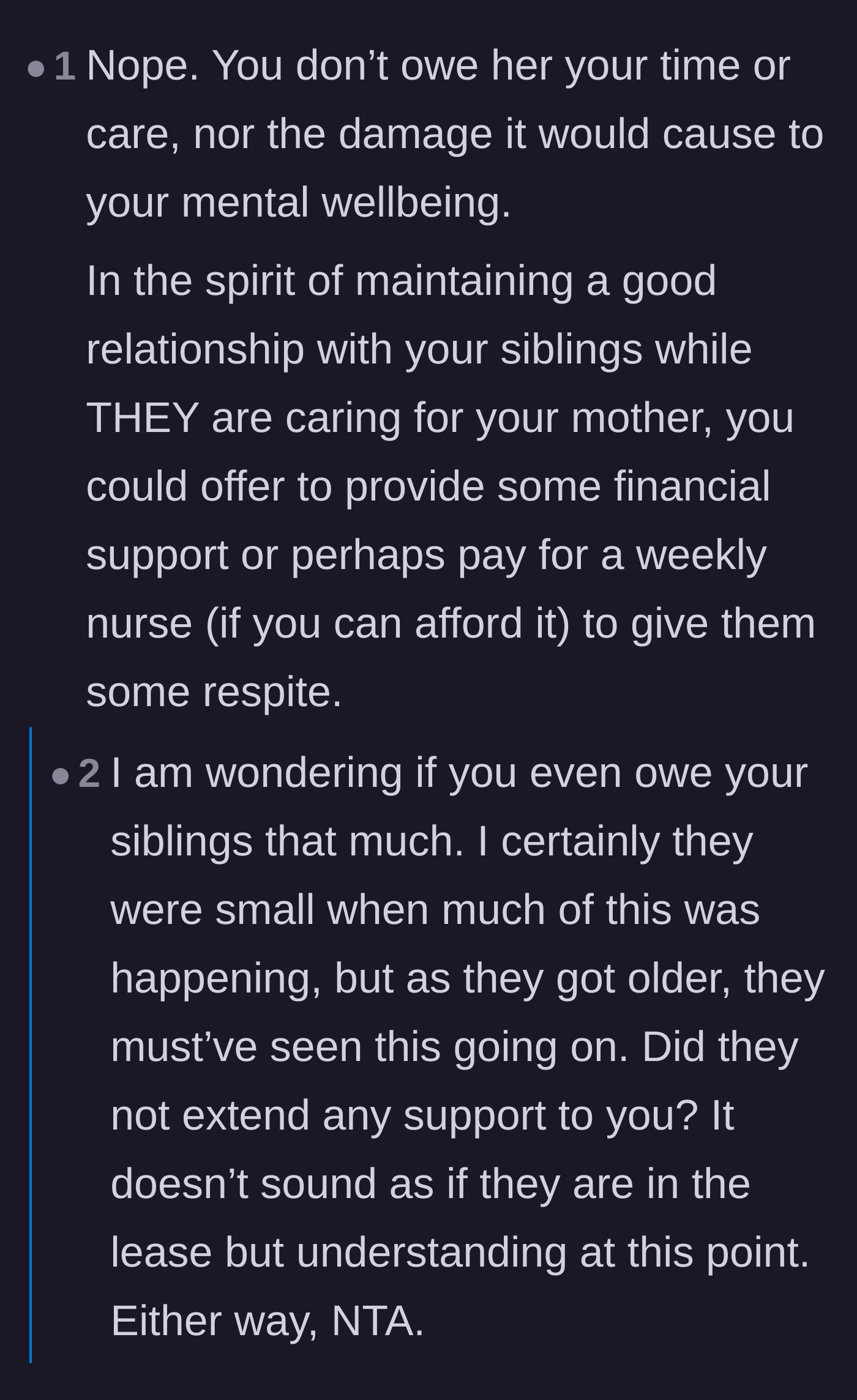 Comment thread 5 - A debate over whether the author should offer financial support to the siblings instead of physical caregiving.