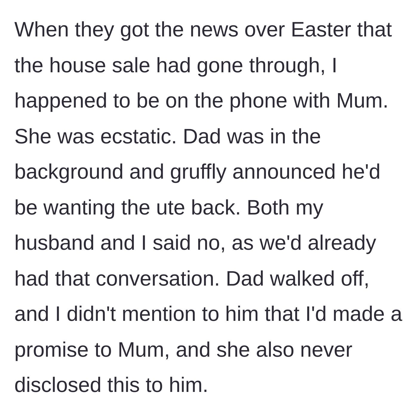 Story part 4 - A tense phone call where the father demands the truck back, and the author holds her ground without revealing her mother's secret.