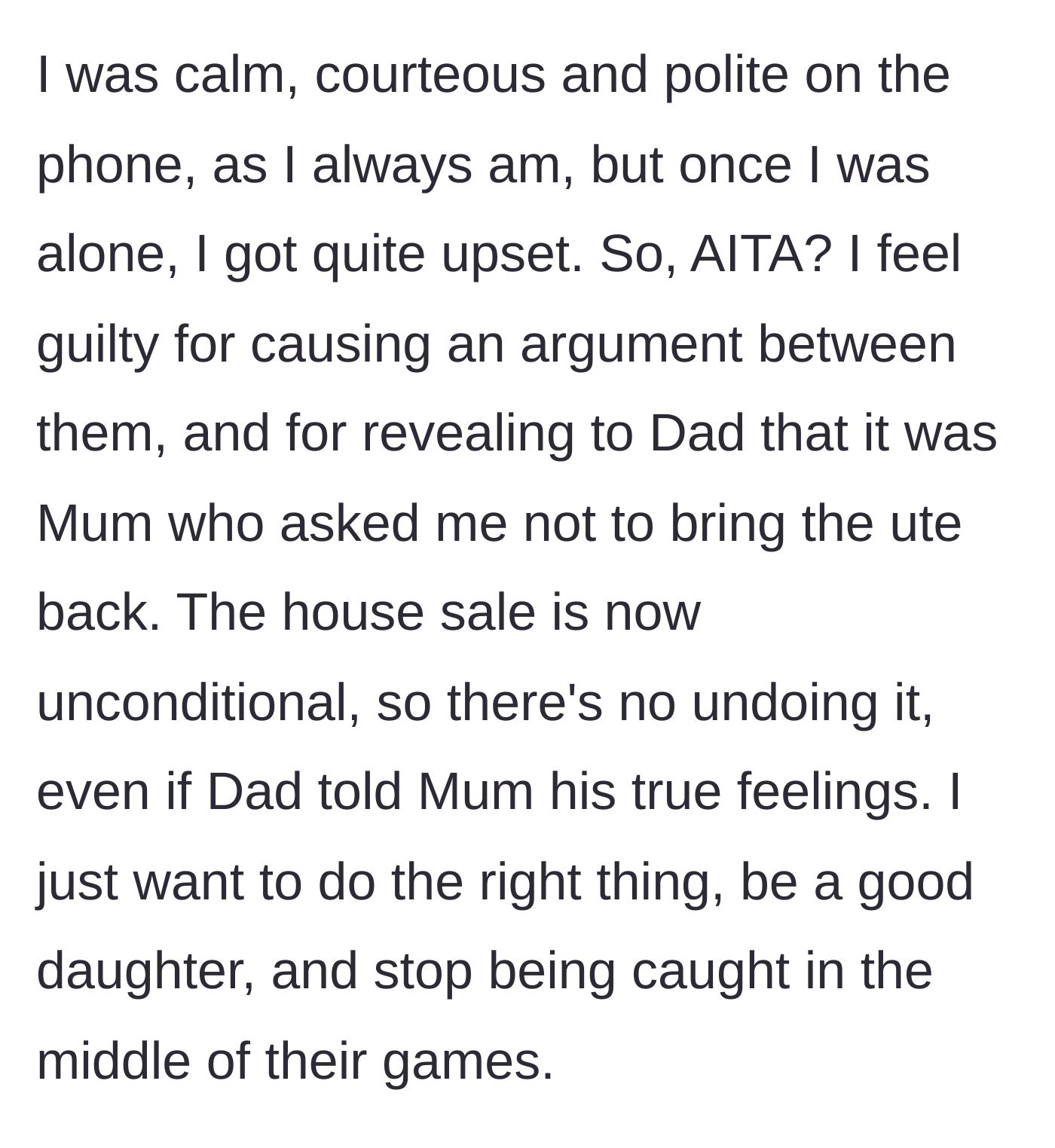 Story part 9 - The author breaks down after the call, expressing deep guilt and wondering if she is in the wrong for just trying to be a good daughter.