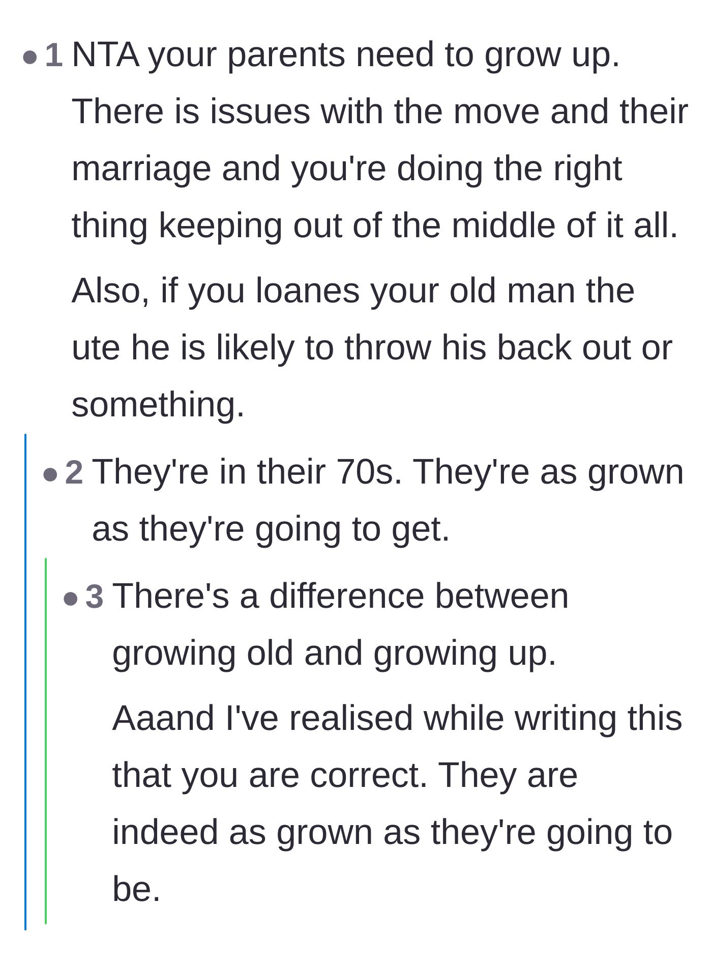 Comment thread 1 - Readers discussing the heartbreaking reality that the elderly parents are unlikely to ever outgrow their toxic behaviors.