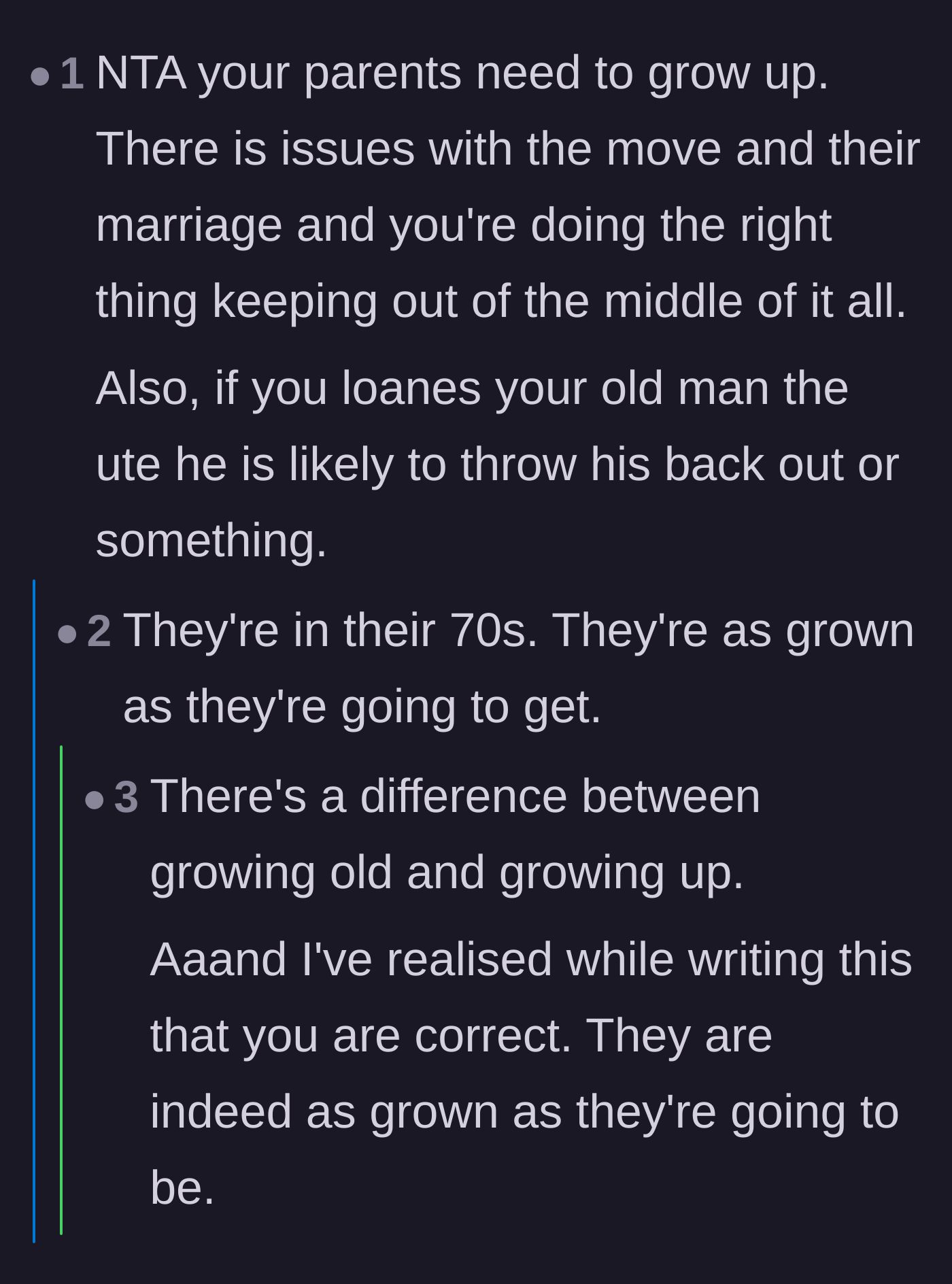 Comment thread 1 - Readers discussing the heartbreaking reality that the elderly parents are unlikely to ever outgrow their toxic behaviors.