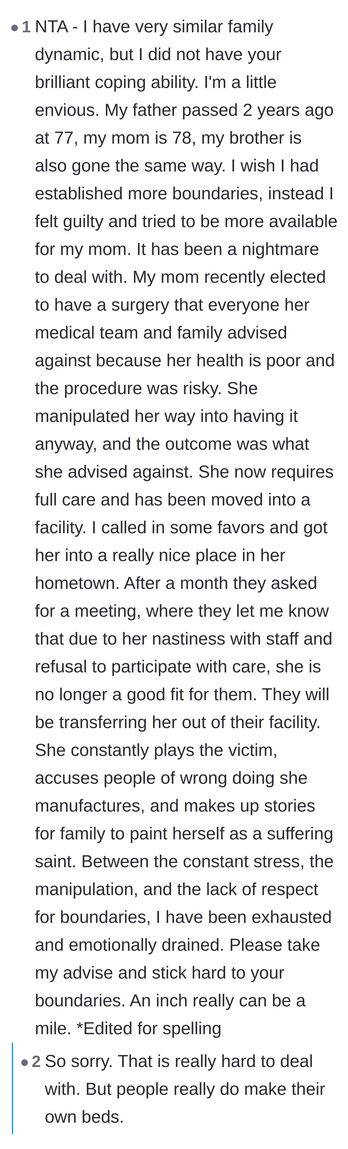 Comment thread 2 - A commenter sharing their own deeply painful story of failing to set boundaries with a manipulative, aging mother.