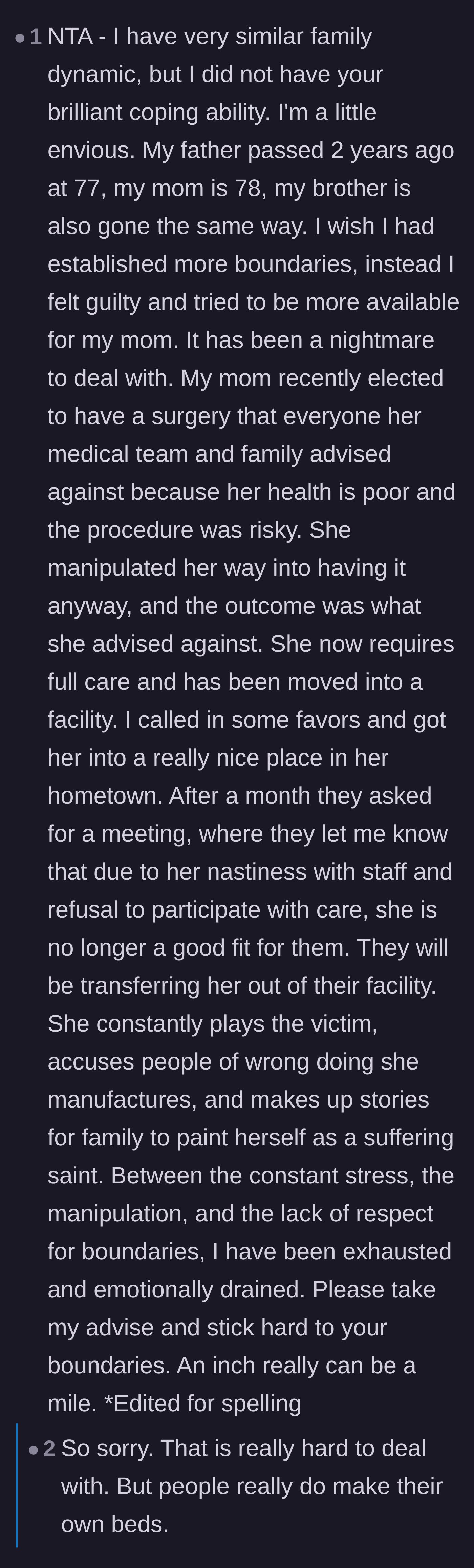 Comment thread 2 - A commenter sharing their own deeply painful story of failing to set boundaries with a manipulative, aging mother.