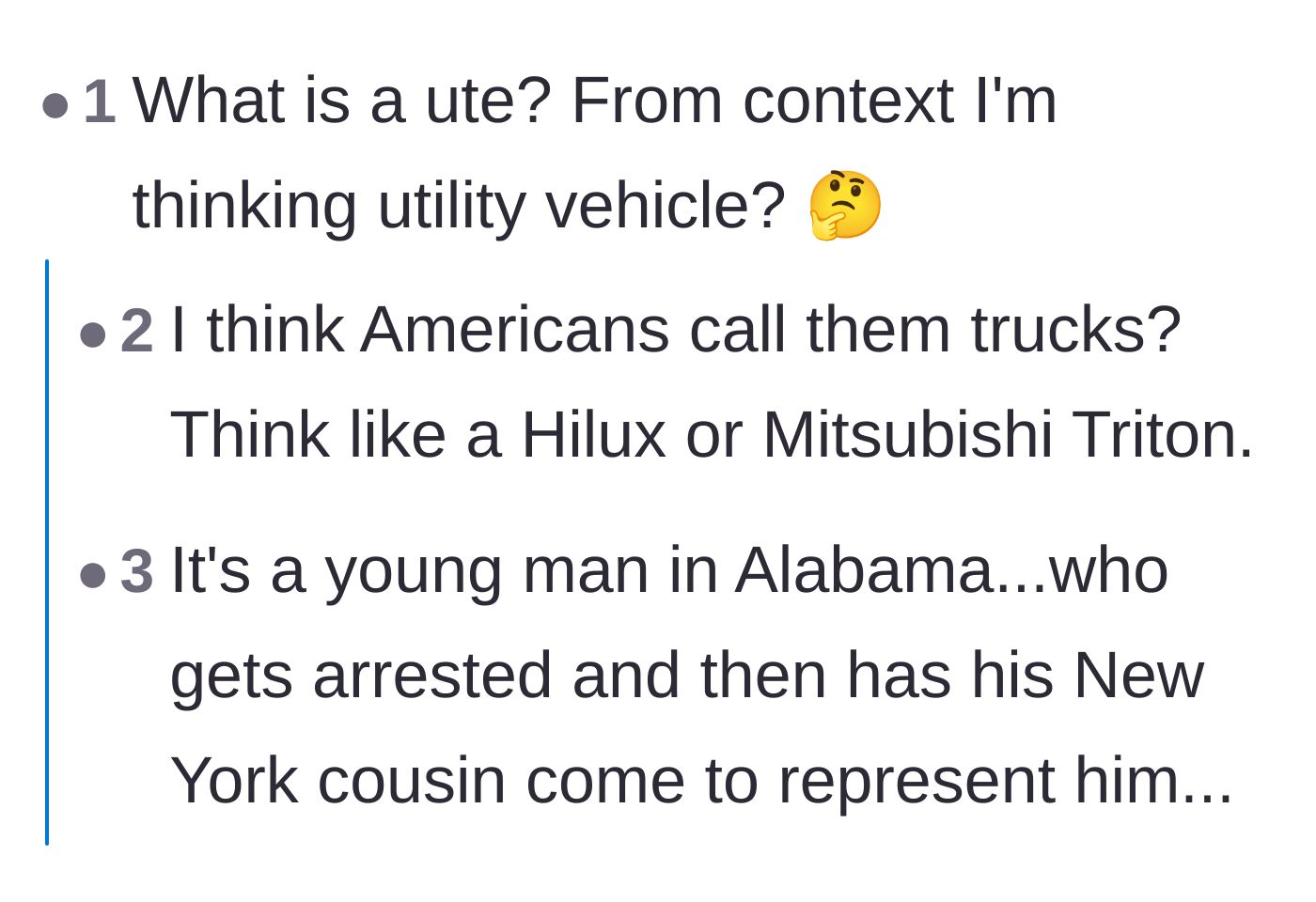 Comment thread 5 - Another lighthearted thread where readers figure out what kind of vehicle a ute is.
