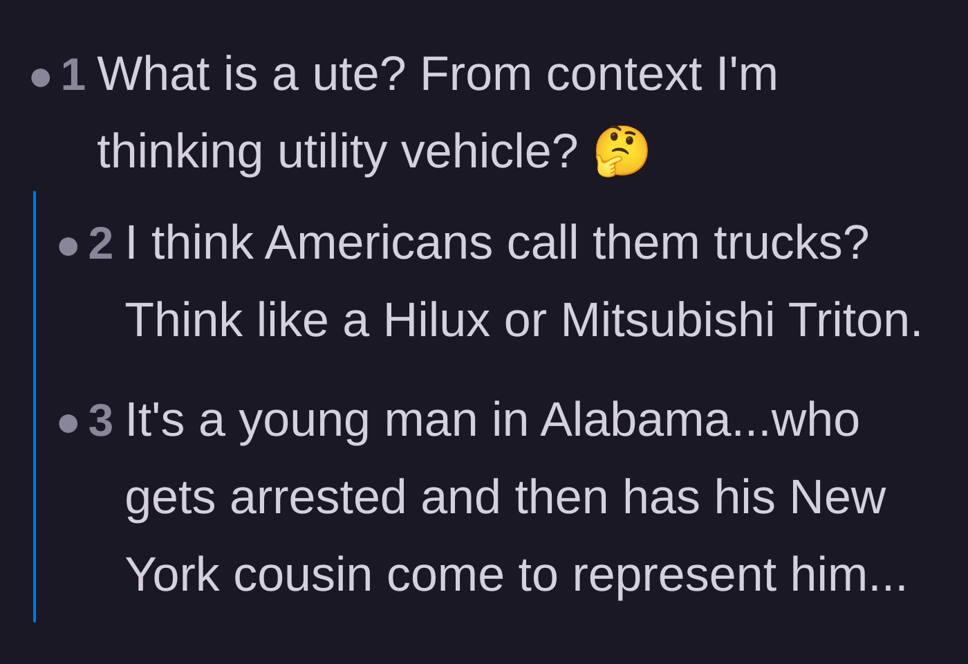 Comment thread 5 - Another lighthearted thread where readers figure out what kind of vehicle a ute is.