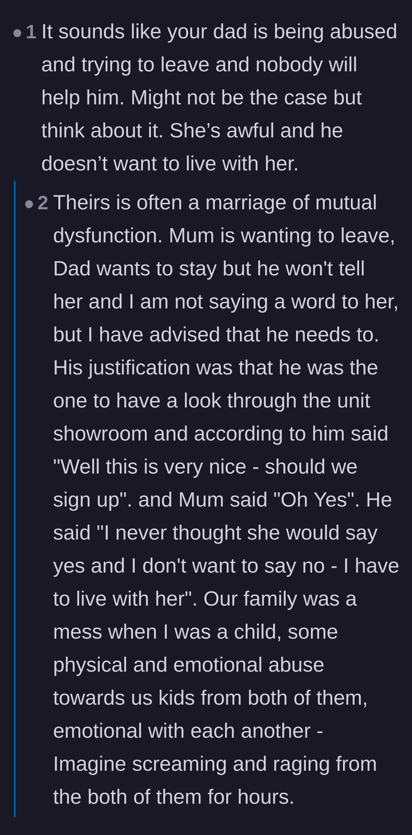 Comment thread 6 - A discussion exploring whether the father is actually a victim of abuse, prompting the author to reveal more tragic family history.