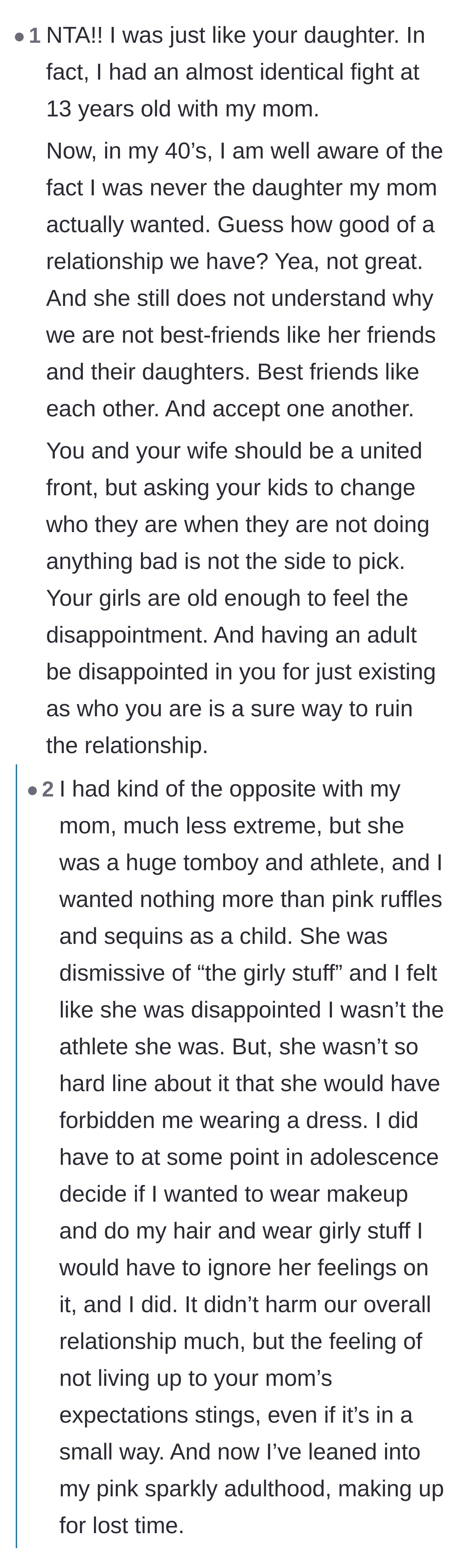 Comment thread 1 - A discussion about how forcing expectations ruins mother-daughter relationships and sharing personal stories of fashion freedom.