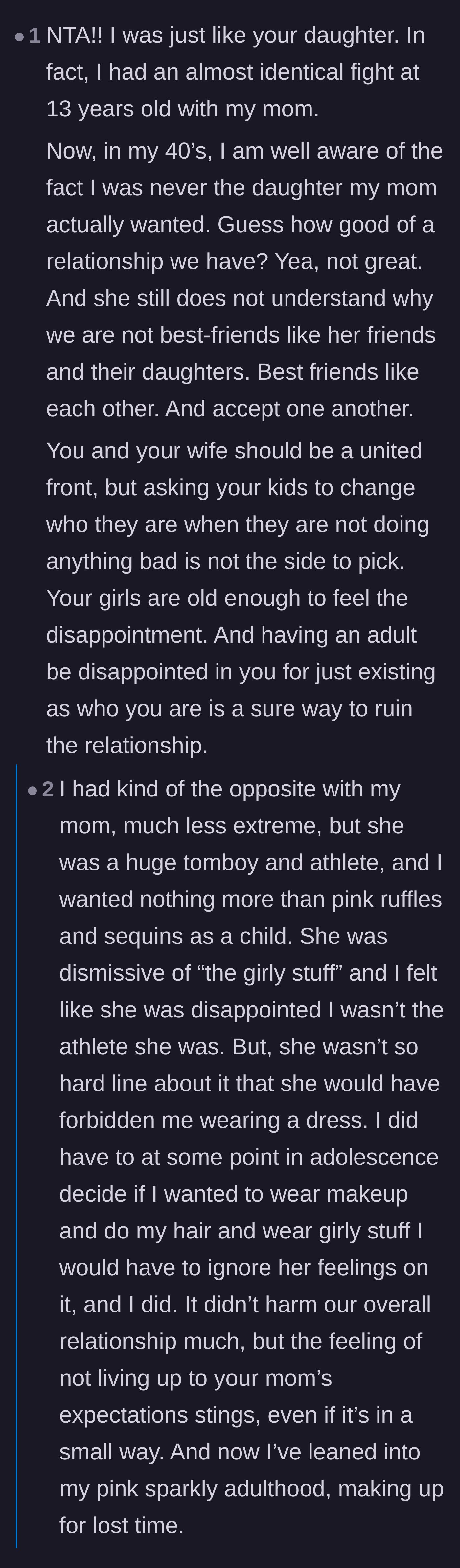 Comment thread 1 - A discussion about how forcing expectations ruins mother-daughter relationships and sharing personal stories of fashion freedom.