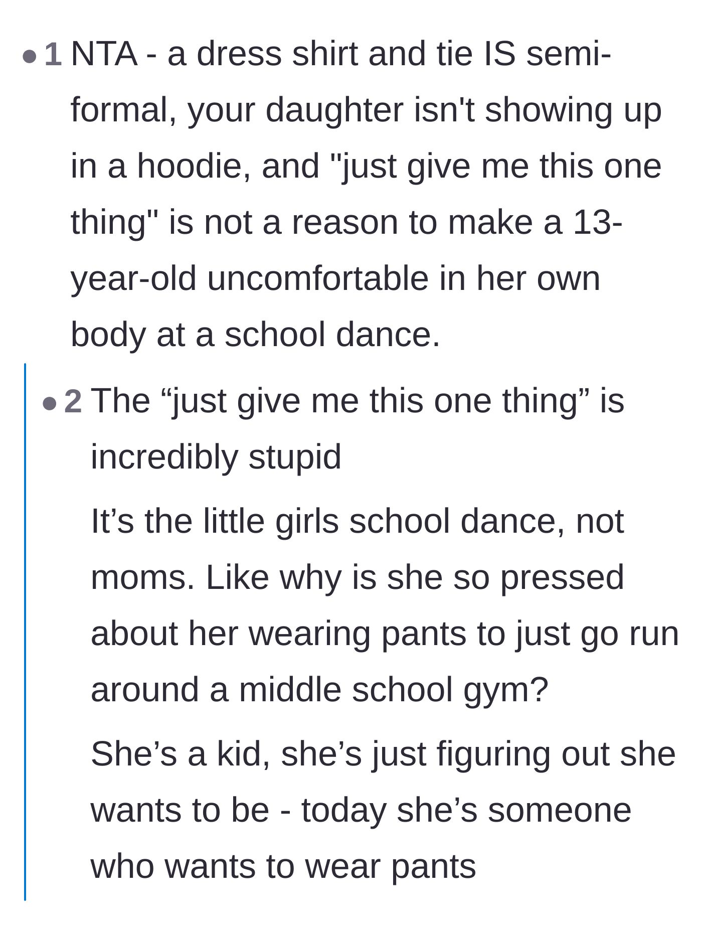 Comment thread 2 - Debate on how a shirt and tie fits the semi-formal dress code and why the mom's selfish demands are inappropriate.
