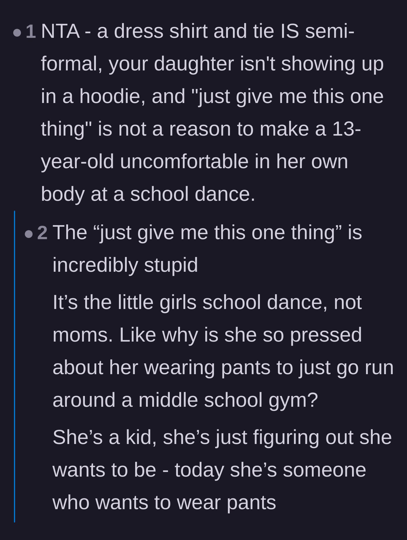 Comment thread 2 - Debate on how a shirt and tie fits the semi-formal dress code and why the mom's selfish demands are inappropriate.