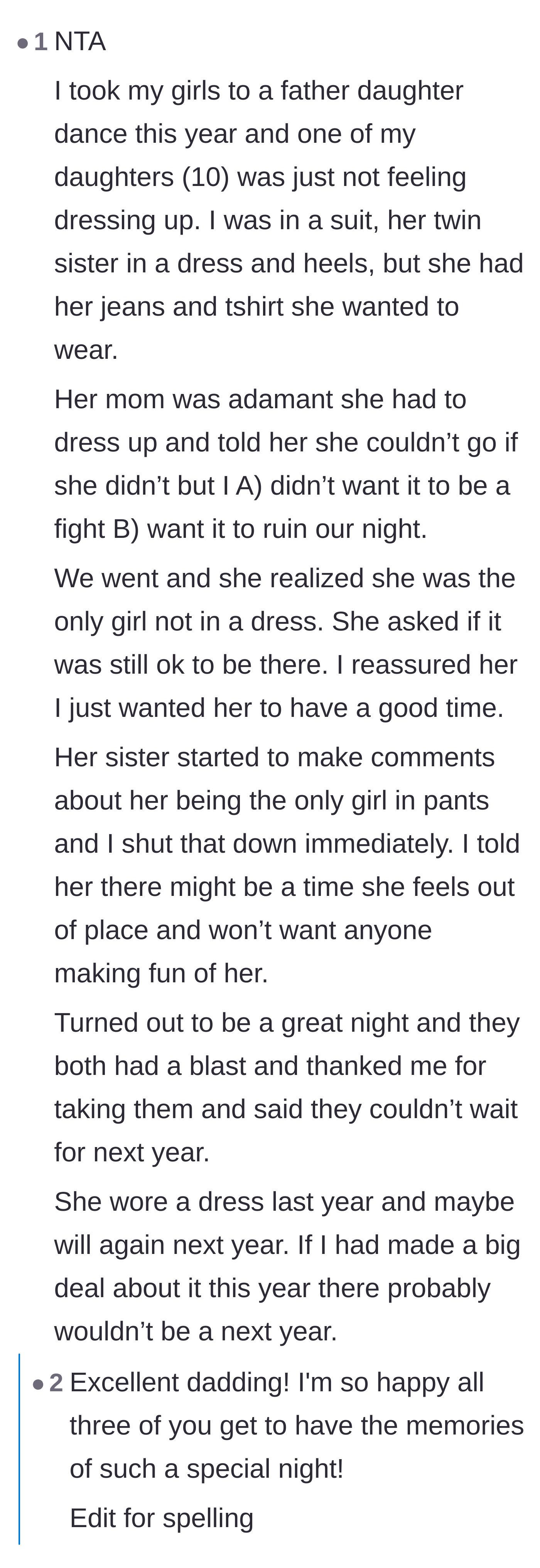 Comment thread 6 - A heartwarming story from another dad who let his daughter wear jeans to a dance, saving the night.