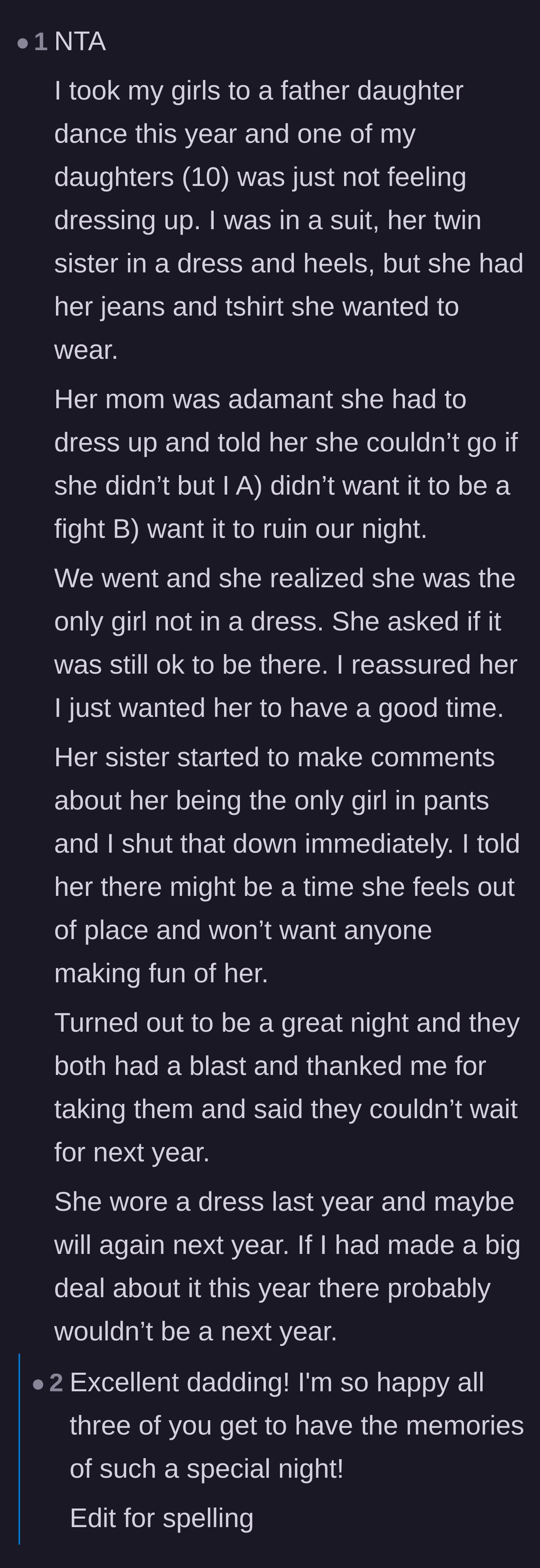 Comment thread 6 - A heartwarming story from another dad who let his daughter wear jeans to a dance, saving the night.