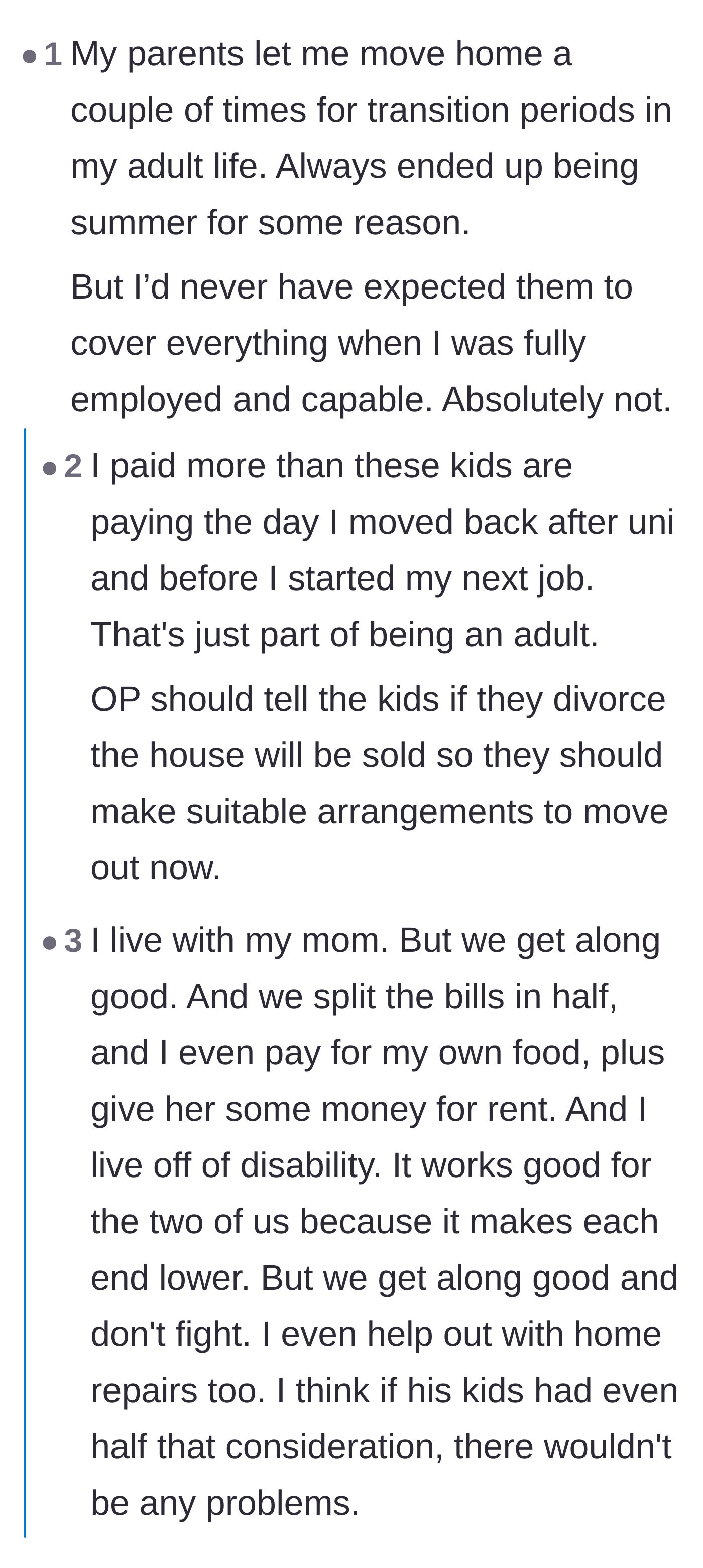 Comment thread 1 - A discussion on the basic expectation that adult children contribute financially when living at home.
