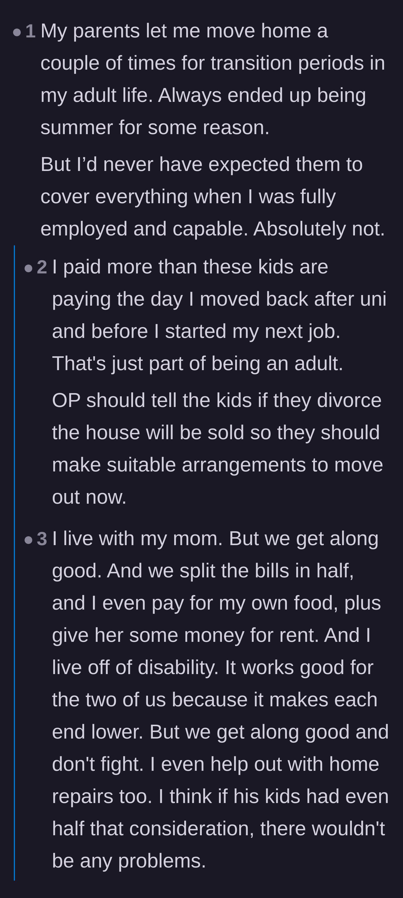 Comment thread 1 - A discussion on the basic expectation that adult children contribute financially when living at home.