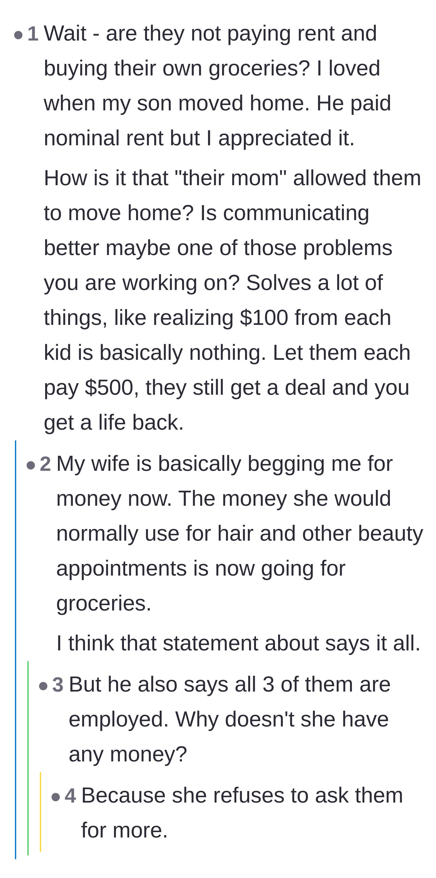 Comment thread 3 - Debate regarding the wife's financial stress and her refusal to let the children pay.