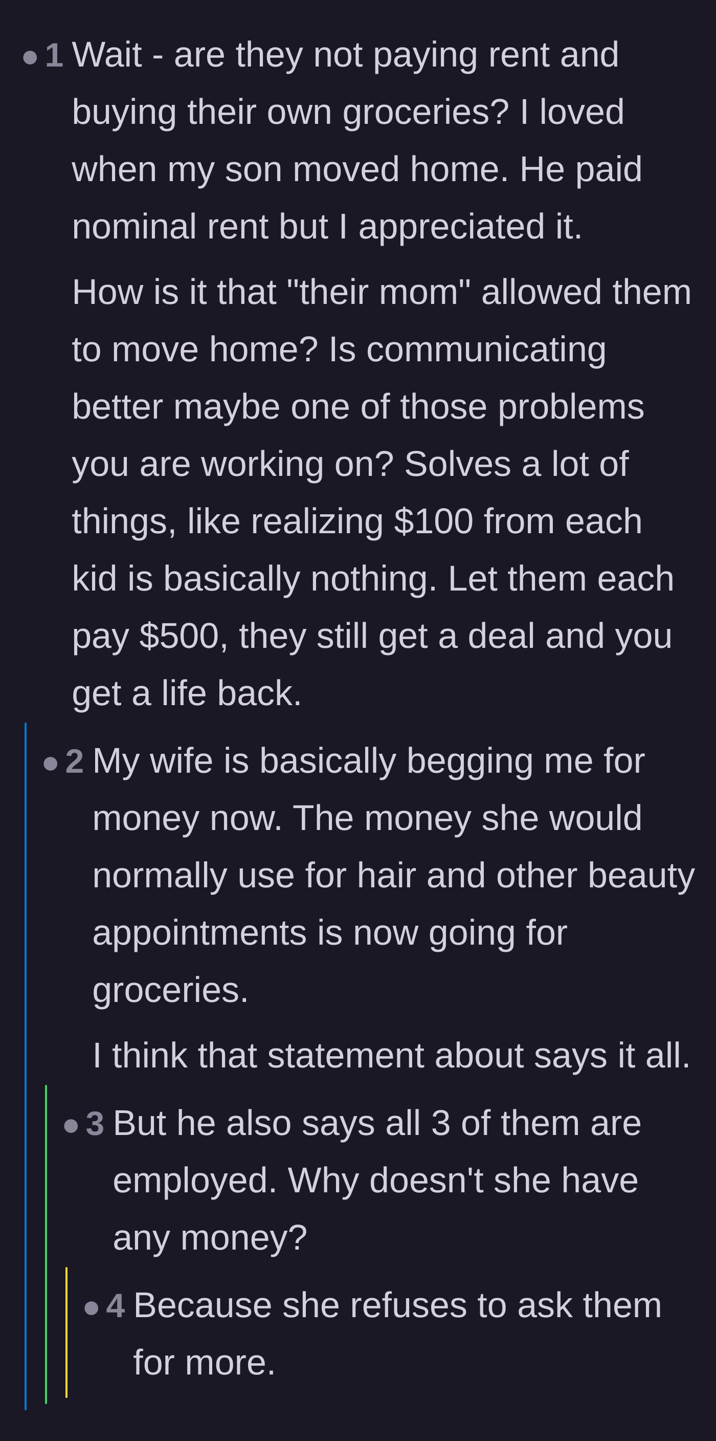 Comment thread 3 - Debate regarding the wife's financial stress and her refusal to let the children pay.