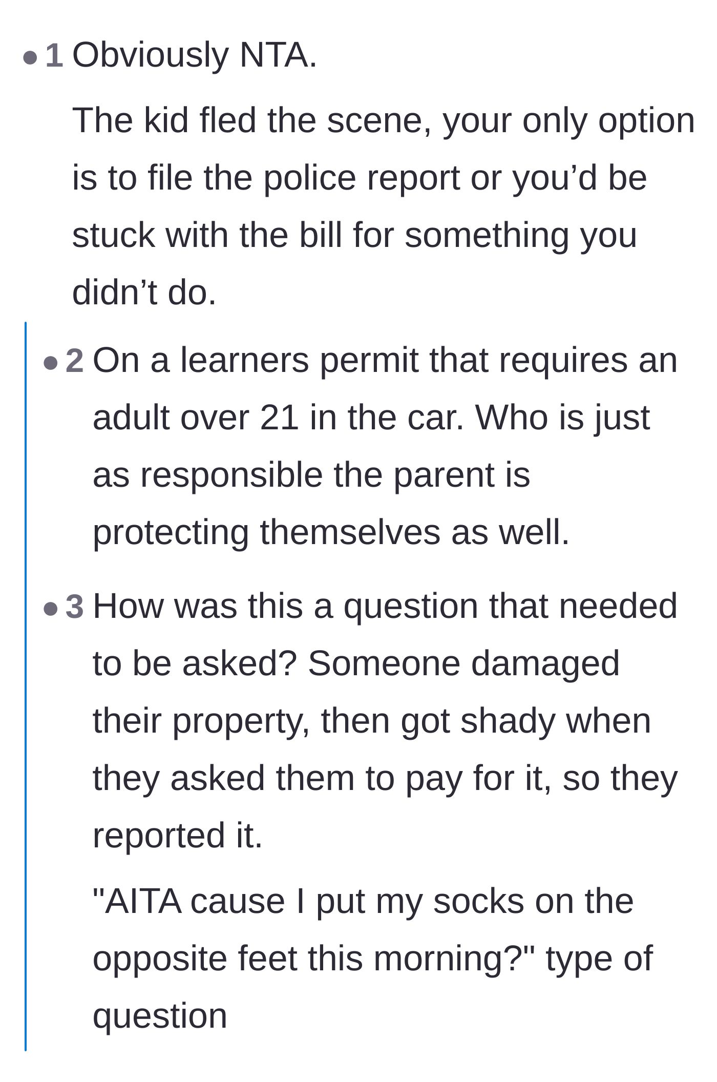 Comment thread 1 - Discussing how the parents are legally responsible since the teenager was driving on a learner's permit.