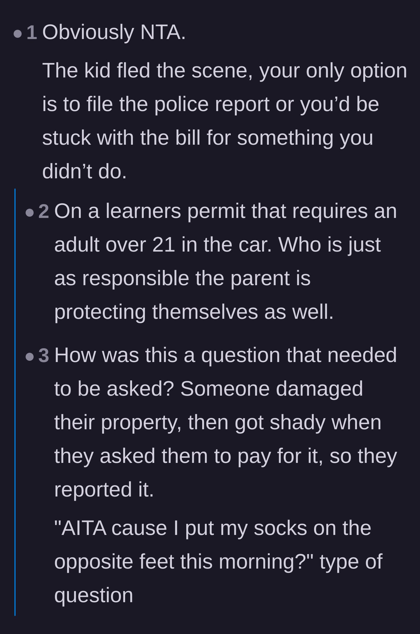 Comment thread 1 - Discussing how the parents are legally responsible since the teenager was driving on a learner's permit.