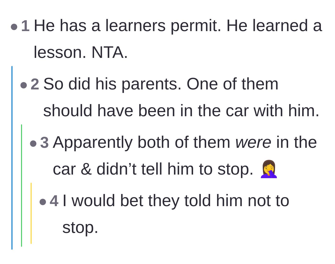 Comment thread 3 - Highlighting the irony of a learner's permit resulting in a harsh legal lesson for both the teen and the parents.