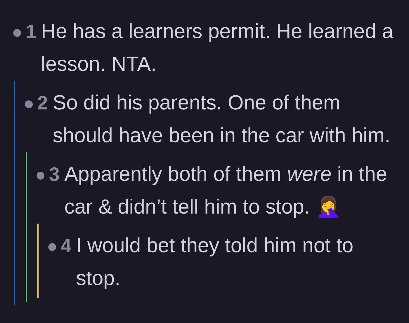 Comment thread 3 - Highlighting the irony of a learner's permit resulting in a harsh legal lesson for both the teen and the parents.