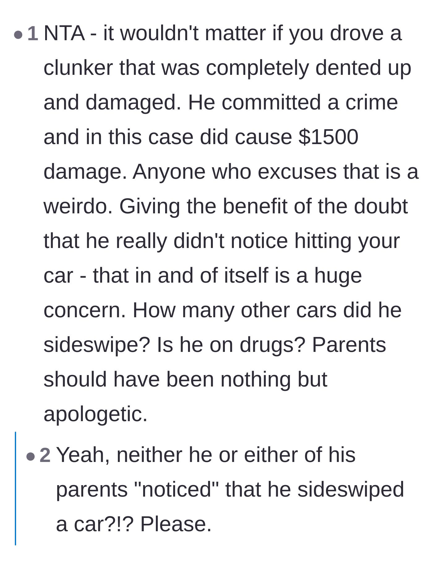 Comment thread 5 - Rejecting the neighbor's excuse that hitting an older, dented car somehow makes a hit-and-run acceptable.
