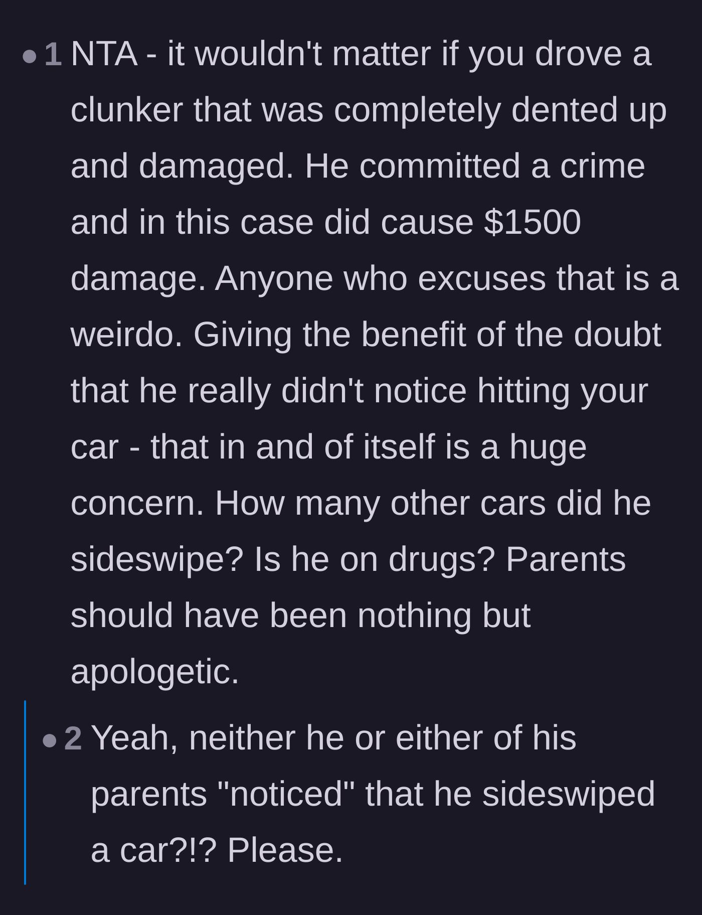 Comment thread 5 - Rejecting the neighbor's excuse that hitting an older, dented car somehow makes a hit-and-run acceptable.